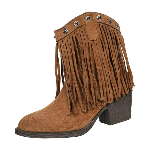 Miluxas Womens Tassel Boots Autumn and Winter Low Heeled Suede Short Boots Casual Comfortable Ankle Boots Brown 8.5(41)