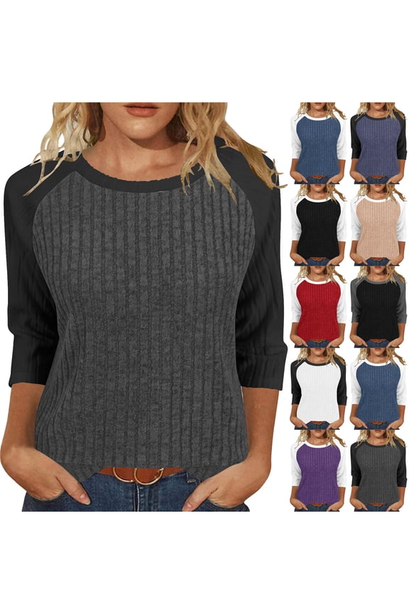 Womens Tops Casual 3/4 Sleeve Crew Neck Color Blocked Shirts Loose Fit Tunic Blouses Tees Red XL(XL)