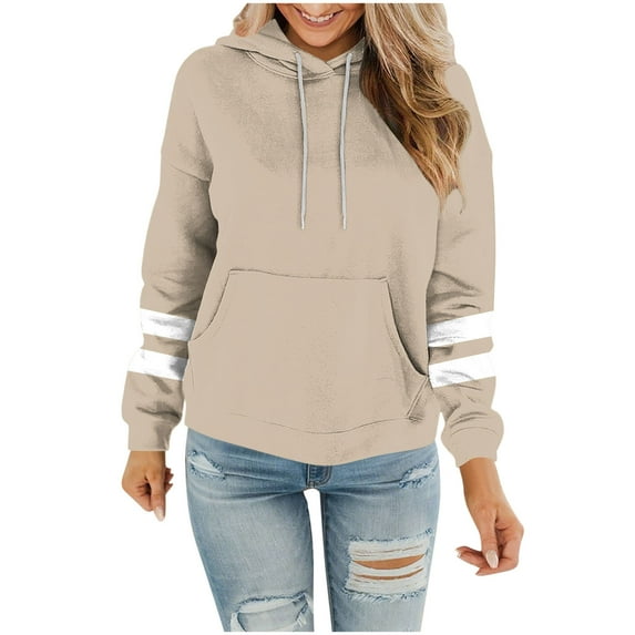 Miluxas Womens Tops Casual Striped Printed Hoodies Long Sleeve Round Neck Stretchy Loose Fit Sweatshirt Pullover Shirts with Pocket Khaki XL(XL)