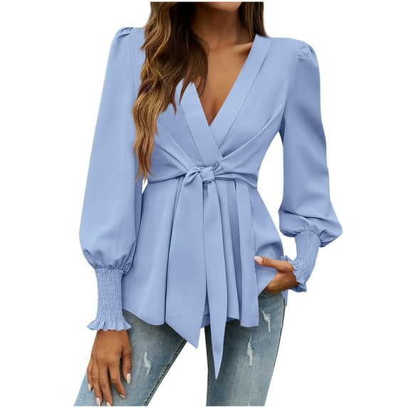 Miluxas Womens Tops Elegant Wrap Blouse V Neck Work Shirts Tie Front Long Sleeve Shirts Tops Blouse Light Blue XL(XL)