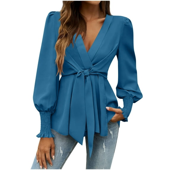 Miluxas Womens Tops Elegant Wrap Blouse V Neck Work Shirts Tie Front Long Sleeve Shirts Tops Blouse Navy M(M)