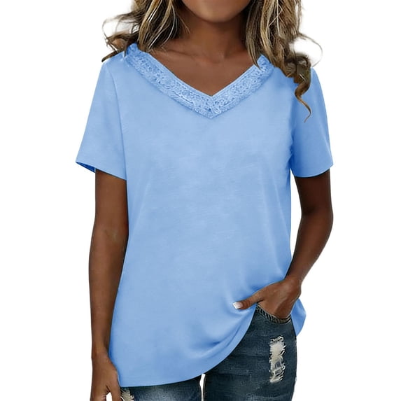 Miluxas Womens Tops Summer Casual Short Sleeve V Neck Lace Shirts Dressy Eyelet Embroidery Blouses Sky Blue L(L)