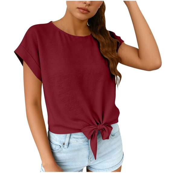 Miluxas Womens Tops Summer Short Sleeve Crewneck Tie Waist Shirts Dressy Casual Blouse Tee Business Work Trendy Clothes Wine S(S)