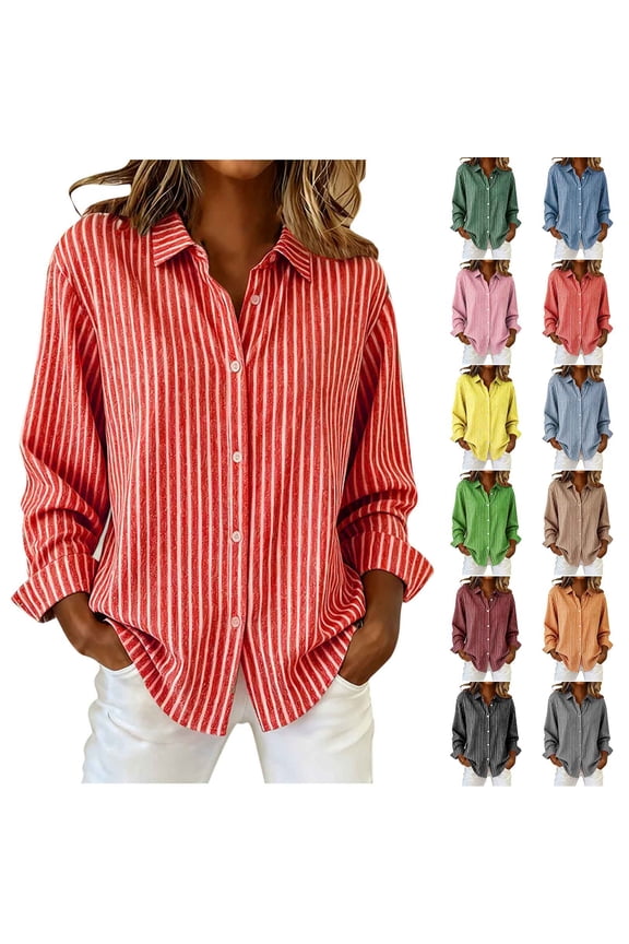 Womens Trendy Vertical Striped Boyfriend Shirt Casual Collar Long Sleeve Button Down Blouse Loose Fit Work Tunic Blouse Yellow