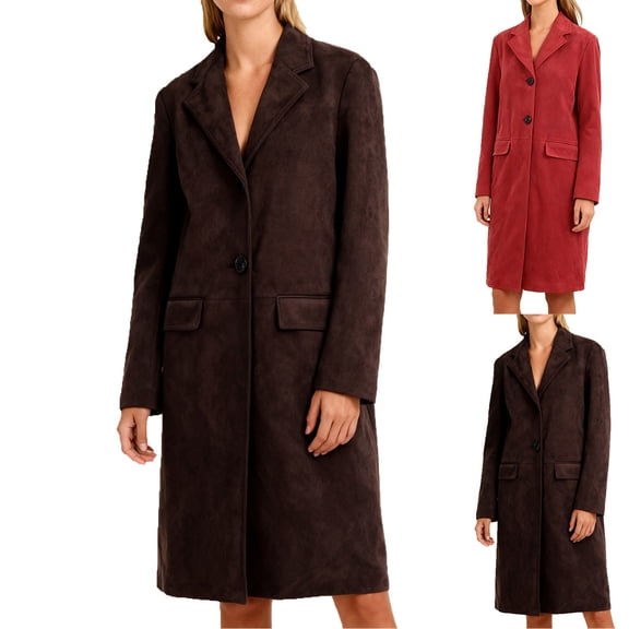 Miluxas Womens Trendy Woolen Coats Winter Trench Coat Casual Long Sleeve Button Jacket Overcoat Plain Lapel Outwear with Pockets Red XS(XS)