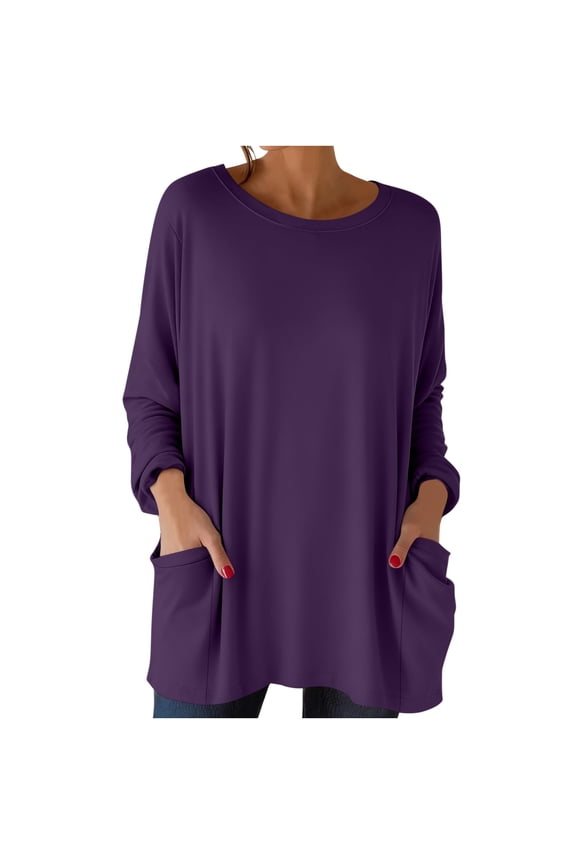 Womens Tunic Top Spring Trendy Clothes Long Sleeve Loose Fit Boho Shirt Hippie Cute Blouses with Pocket Purple XXL(XXL)