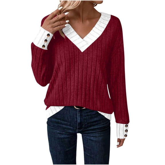 Miluxas Womens V Neck Long Sleeve Shirts Lightweight Ribbed Knit Pullover Sweater Color Block Blouse Tops with Buttons Red