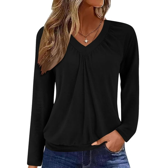 Miluxas Womens V Neck Long Sleeve Shirts Pleated Tops Fall Dressy Solid Color Casual Blouses Black XXL(XXL)