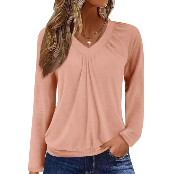 Miluxas Womens V Neck Long Sleeve Shirts Pleated Tops Fall Dressy Solid Color Casual Blouses Rose Gold XL(XL)