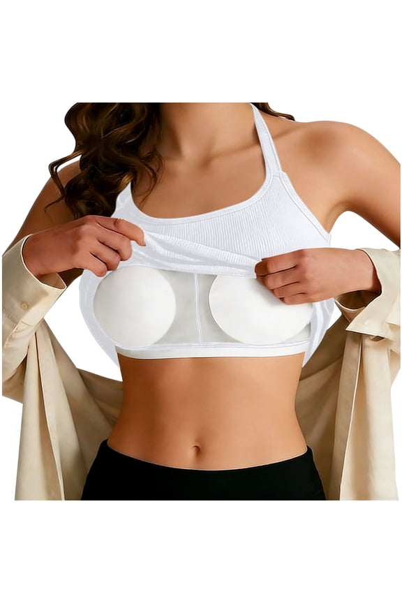 Womens V Neck Ribbed Halter Tank Tops Built in Bra Slim Fitted Backless Basic Camisole Crop Tops White