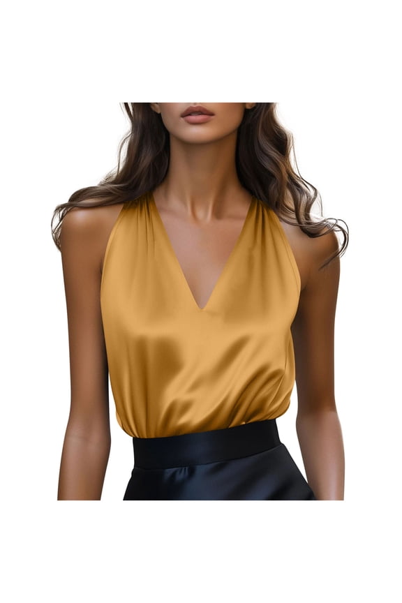 Womens V Neck Satin Tank Tops Spring Summer Dressy Sleeveless Shirt Blouse Camisole Gold S(S)