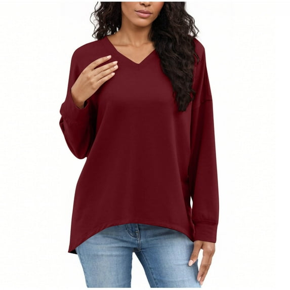 Miluxas Womens V Neck Sweatshirt Oversized Pullover Sweatshirt Fashion Solid Color Long Sleeve Tops Wine L(L)