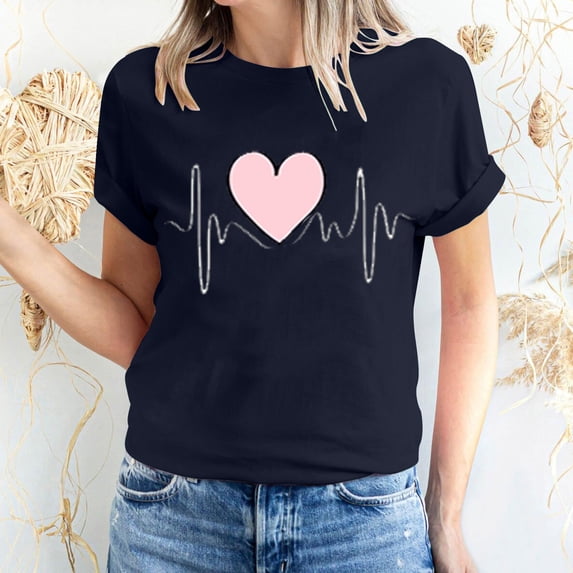 Miluxas Womens Valentine's Day Graphic Tees Short Sleeve Heart Printed Shirts Blouse Tops Navy 8(L)