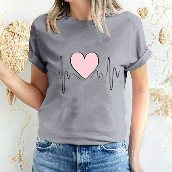 Miluxas Womens Valentine's Day Graphic Tees Short Sleeve Heart Printed Shirts Blouse Tops Gray 10(XL)