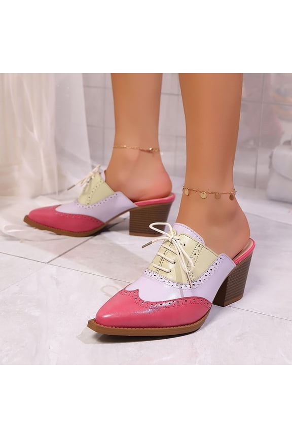 Womens Vintage Shoes Chunky High Heels Lace Up Wingtip Two Tone Perforated Saddle Pumps Shoes Hot Pink 5.5(36)