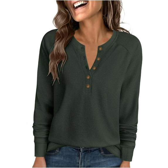 Miluxas Womens Waffle Tops Casual Long Sleeve Button Down Henley Basic Shirts Green