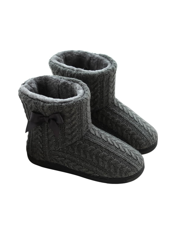 Womens Warm House Bootie Fluffy Cute for Winter, Comfy Cable Knit Memory Foam Ladies Boots Slippers Indoor with Fuzzy Plush Lining, Cozy Female Adult Home Bedroom Shoes Gray 37