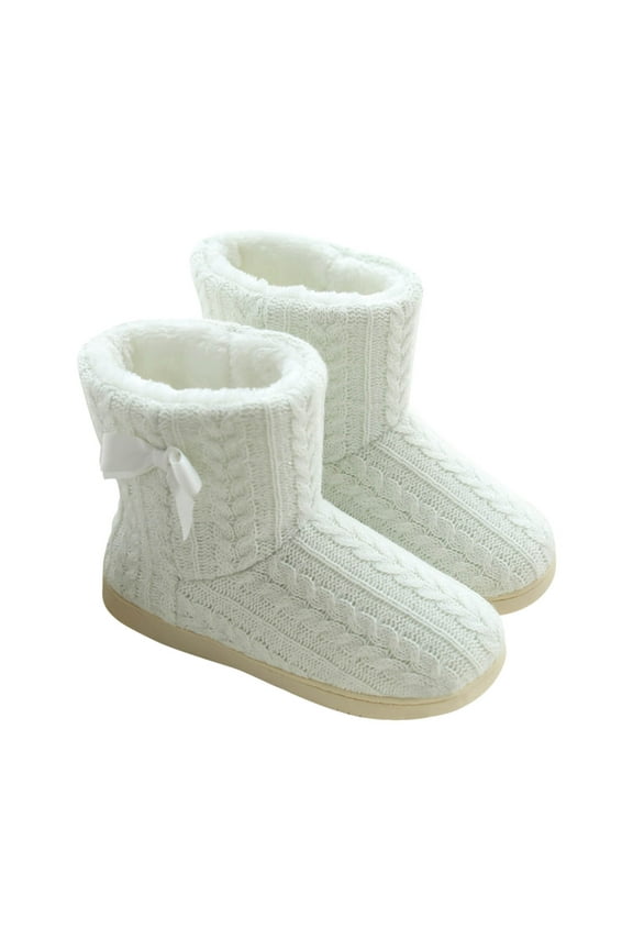 Womens Warm House Bootie Fluffy Cute for Winter, Comfy Cable Knit Memory Foam Ladies Boots Slippers Indoor with Fuzzy Plush Lining, Cozy Female Adult Home Bedroom Shoes White 37