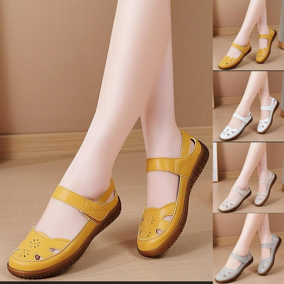 Miluxas Womens Wedges Flats Shoes, Breathable Solid Color Comfort Round Toe Low Heel Slip-on Light Weight Walking Shoes Yellow 9(42)