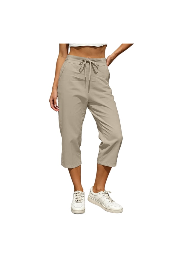 Womens Wide Leg Capri Pants Drawstring Elastic High Waist Joggers Pants Casual Cropped Trousers with Pockets Khaki S(S)