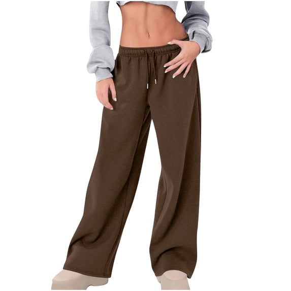Miluxas Womens Wide Leg Sweatpants Drawstring Elastic Low Waist Pants Solid Color Casual Loose Trousers with Pockets Coffee