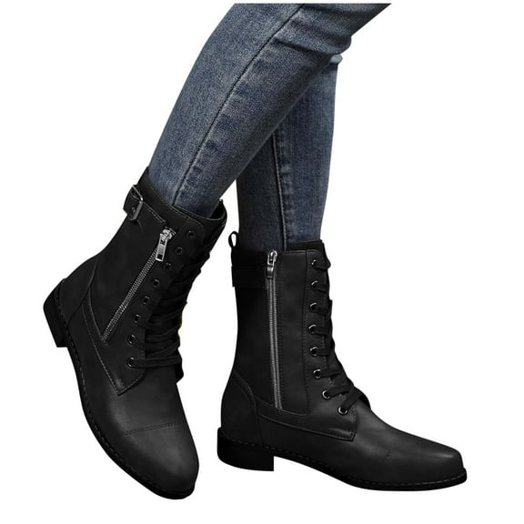 Miluxas Womens Winter Boots Lace Up Chunky Low Heel Mid Calf Boots Solid Dressy Casual Comfy Ladies Shoes Black 6.5(38)