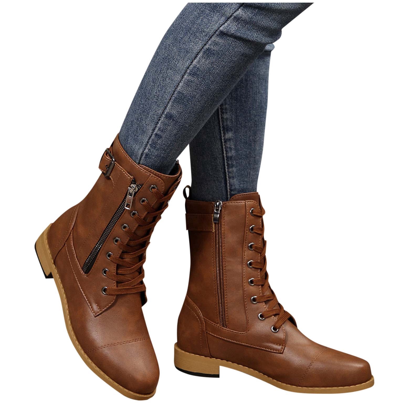 Miluxas Womens Winter Boots Lace Up Chunky Low Heel Mid Calf Boots ...