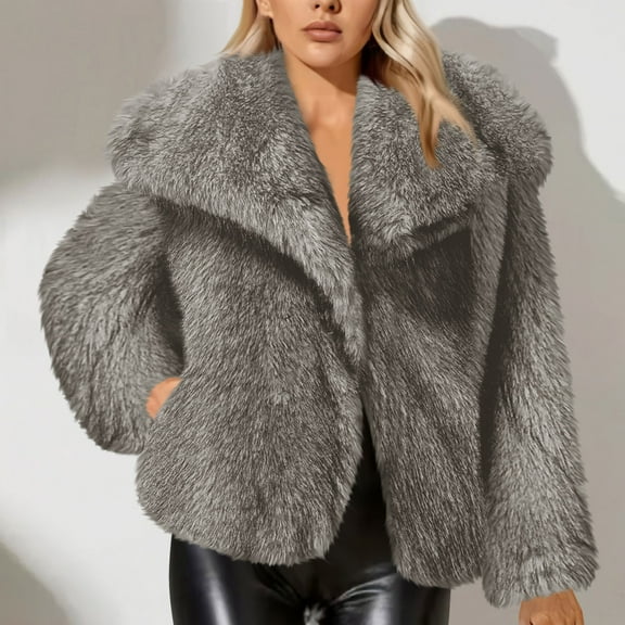 Miluxas Womens Winter Coats Trendy Long Sleeve Faux Jackets Solid Color Fluffy Lapel Warm Fall Outwear Gray M(M)