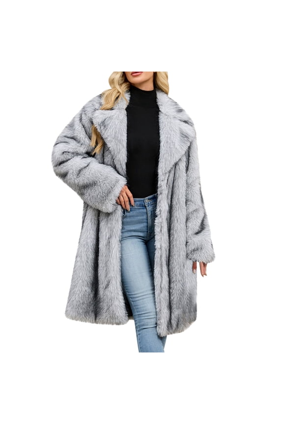 Womens Winter Coats Trendy Long Sleeve Faux Plush Jackets Lapel Warm Fall Outwear Silver L(L)