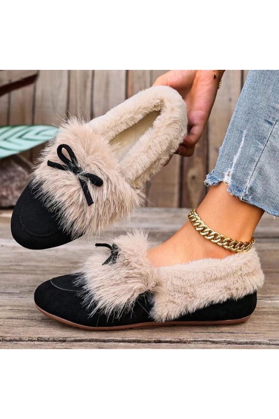 Womens Winter Flat Boots Warm Durable Shoes Fleece Fuzzy Ankle Snow Boots Platform Thick Plush Casual Loafers Black 6.5(38)