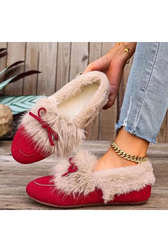 Womens Winter Flat Boots Warm Durable Shoes Fleece Fuzzy Ankle Snow Boots Platform Thick Plush Casual Loafers Red 7(39)