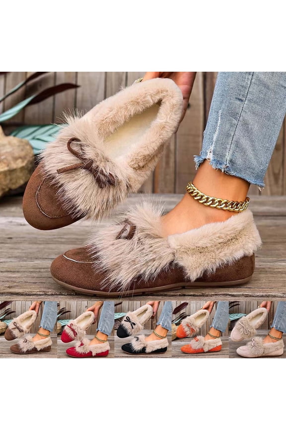 Womens Winter Flat Boots Warm Durable Shoes Fleece Fuzzy Ankle Snow Boots Platform Thick Plush Casual Loafers Red 9.5(43)