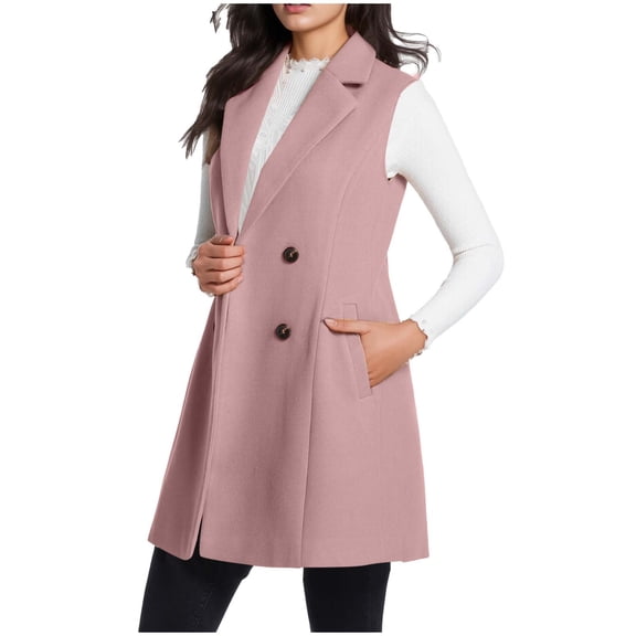 Miluxas Womens Wool Long Vest Sleeveless Lapel Double Breasted Fall Winter Coats Jackets Pink L(L)