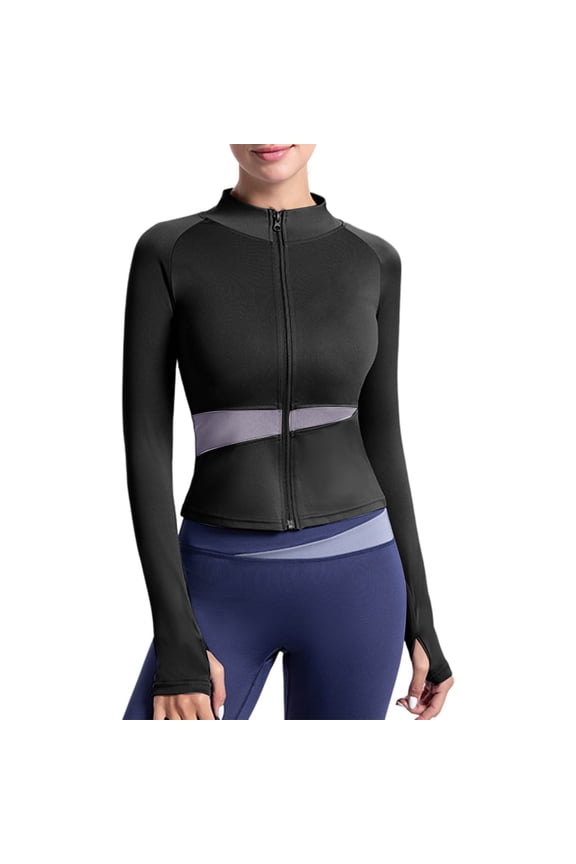 Womens Workout Jackets Lightweight Zip Up Slim Fit Gym Track Athletic Jackets with Thumb Holes Black XL(XL)