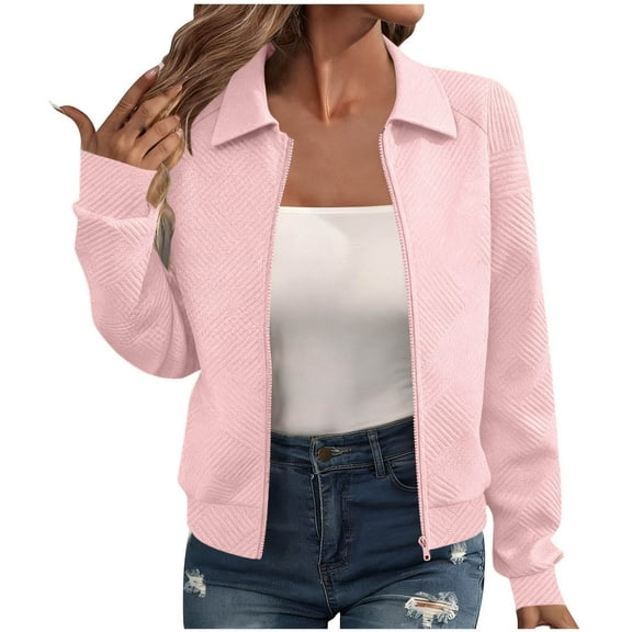 Miluxas Womens Zip Up Jacket Cropped Collared Open Front Long Sleeve Fall Cardigan Pink M(M)
