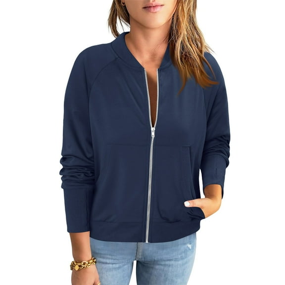 Miluxas Womens Zip Up Jackets Dressy Long Sleeve Sweatshirt Button Down Cropped Bomber Jacket Fall Shirts with Pocket Navy M(M)