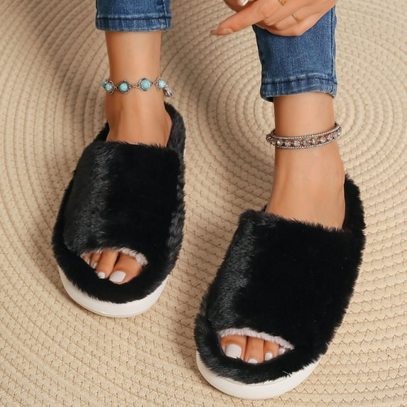 Miluxas Womens’s Slippers Comfy Memory Foam House Open Toe Fuzzy Slipper Plush Indoor Outdoor Slide ry Platform Shoes Black 40