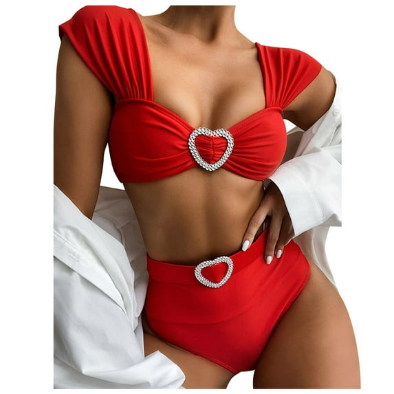 Womens swimsuits ,Women Heart Buckle Bikini Set Push-Up Pad Swimwear Swimsuit Beachwear Red L(L)