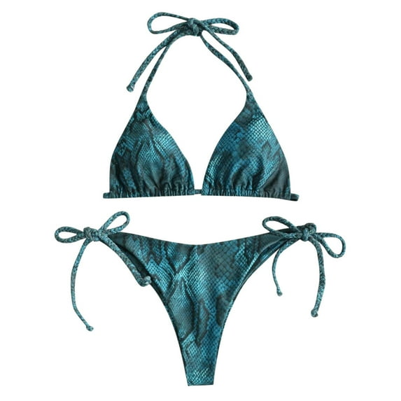 Miluxas Womens swimsuits ,Women Snake Skin High Cut V Neck Two Pieces Bikini Swimwear Swimsuit Beachwear Blue M(M)