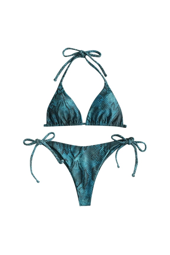 Womens swimsuits ,Women Snake Skin High Cut V Neck Two Pieces Bikini Swimwear Swimsuit Beachwear Blue M(M)