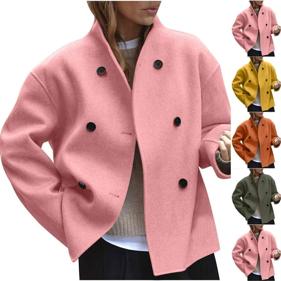 Miluxas Wool Coats for Women Winter Fall V Neck Long Sleeve Bouble Breasted Wool Blazer Jackets Casual Trench Coats Yellow XL(XL)