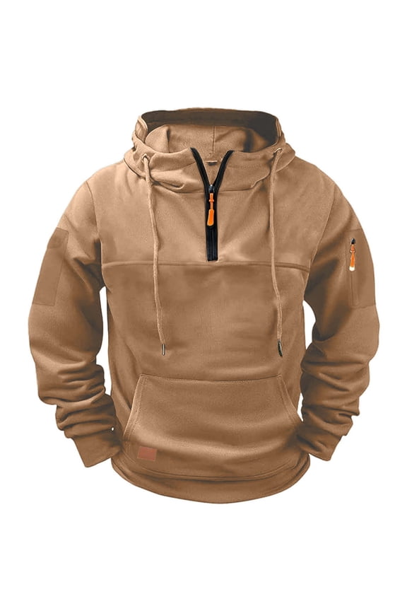 Work Hoodies for Men Fall Winter Tactical Clothing Travel Quarter Zip Big and Tall Sweatshirt with Pockets Khaki XL(XL)
