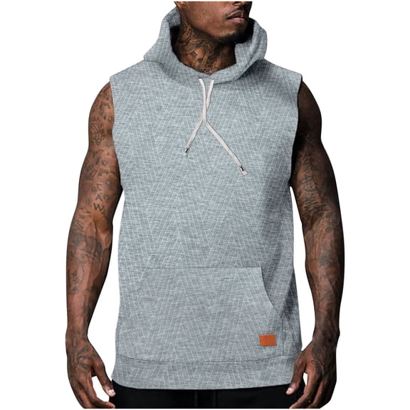 Miluxas Workout Hooded Tank Tops Active Men's Pocket Sleeveless Gym Hoodies Athletic Training Bodybuilding Muscle T-Shirts Gray