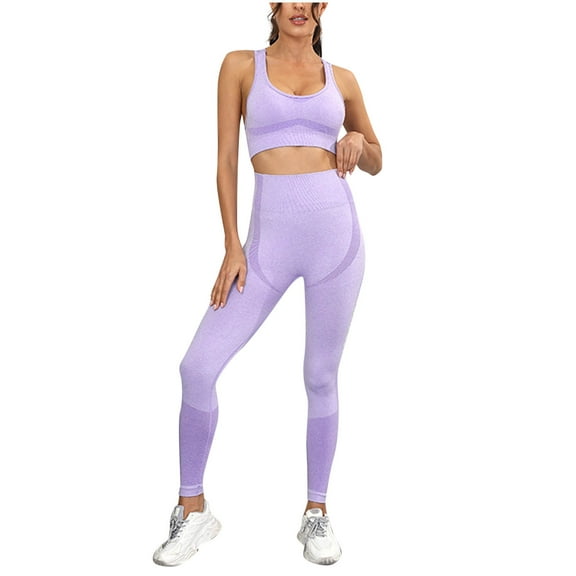 Miluxas Workout Sets for Women 2 Piece High Waisted Seamless Leggings with Stretchy Sports Bra Sets Gym Clothes Purple L(L)