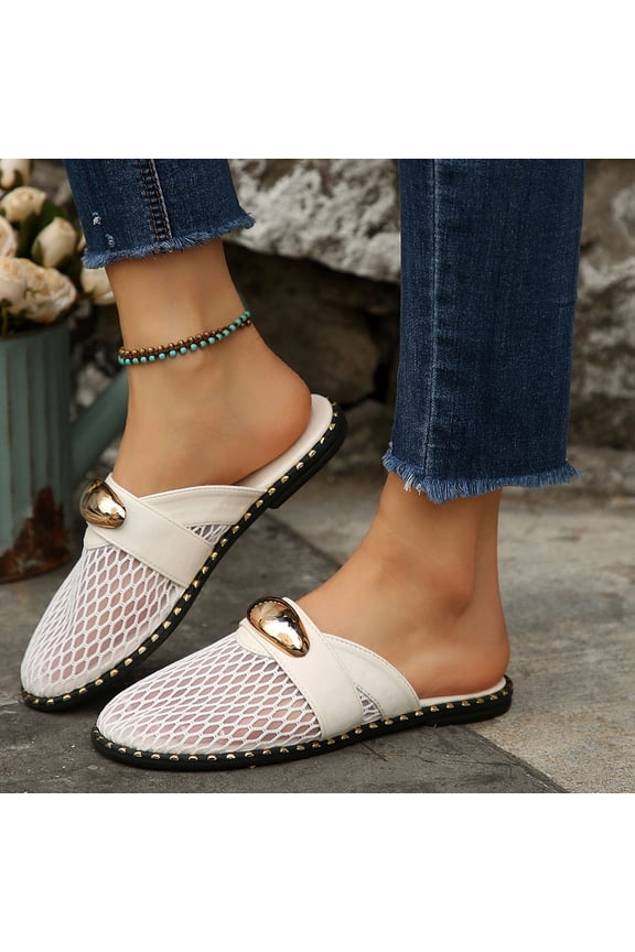 Woven Flat Sandals for Women Slip on Mesh Flats Slides Summer Mules Trendy Beige 5.5(36)