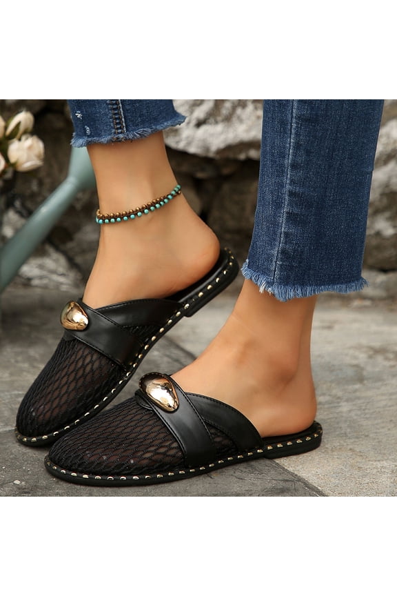 Woven Flat Sandals for Women Slip on Mesh Flats Slides Summer Mules Trendy Black 6(37)