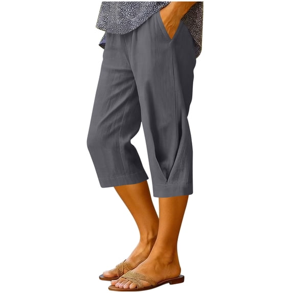 Miluxas Yoga Leggings for Women Women's Solid Color Capri Leggings with Pockets High Waist Workout Gray XL(XL)