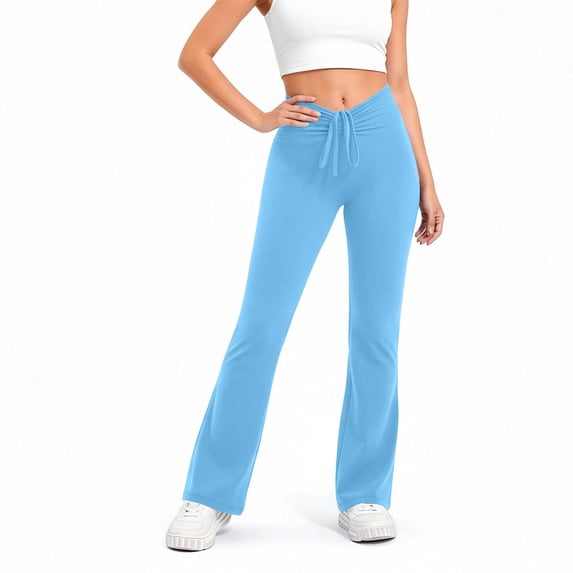 Miluxas Yoga Pants Women Flared High Waisted Stretch Drawstring Pants Causal Solid Color Workout Gym Pants Blue