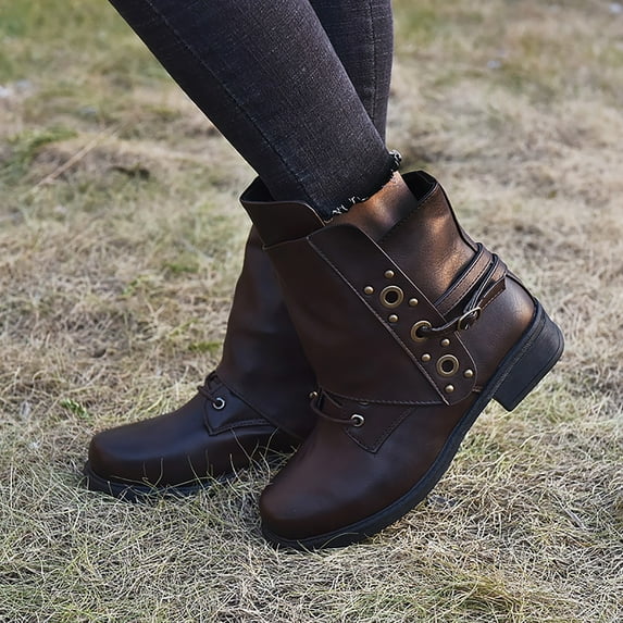 Miluxas confort Women's Ankle Boots,Round Toe Low Heel Comfort Elastic Booties with Side Zipper Buckle Strap Clearance Brown 6.5(36)