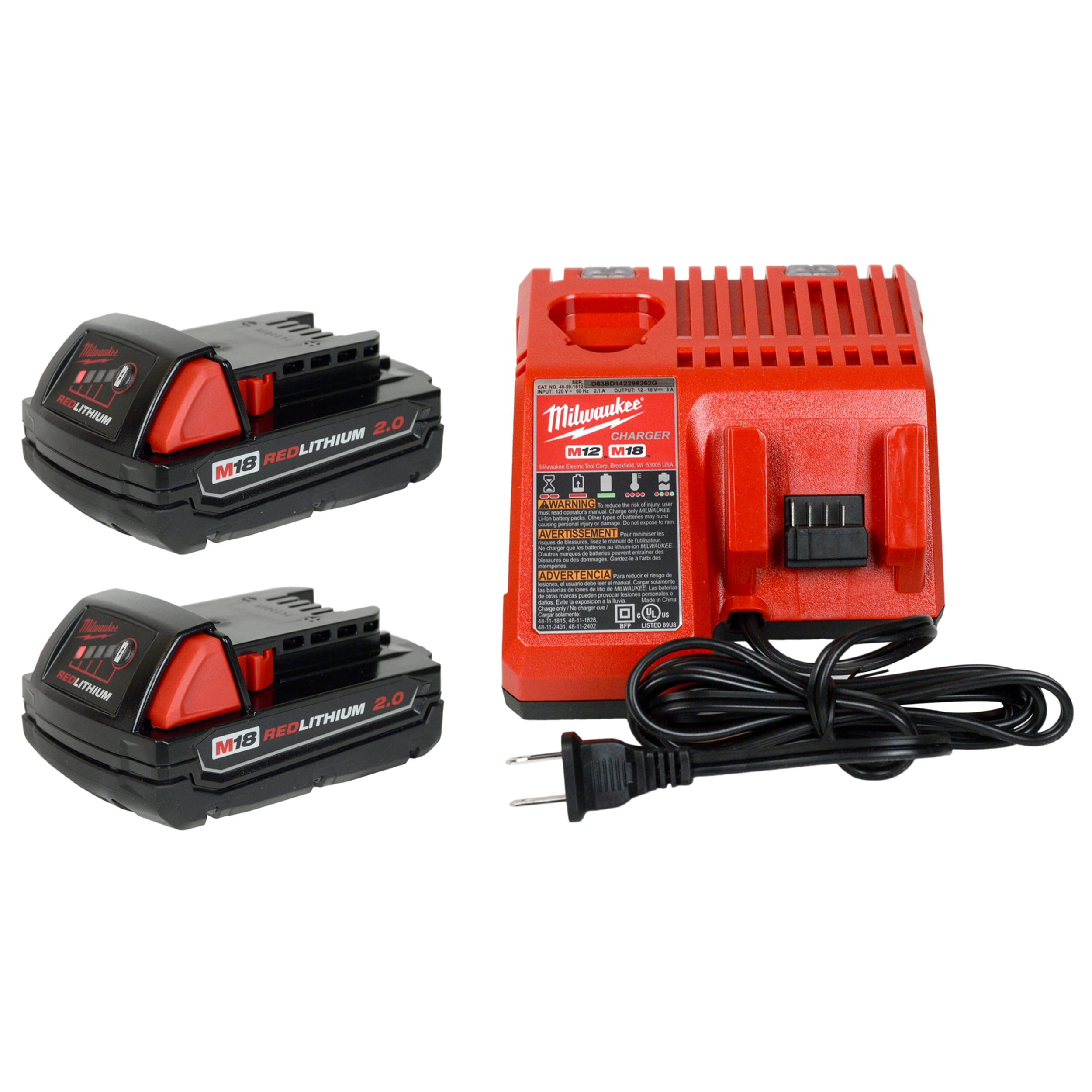 Milwaukee (1) 48-59-1812 12V/18V Battery Charger & (2) 48-11-1820 18V Batteries